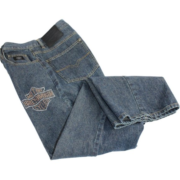 Harley Davidson Classic Blue Wash Logo Studded Boot/Flare Jeans, Size 12 - Picture 4 of 10
